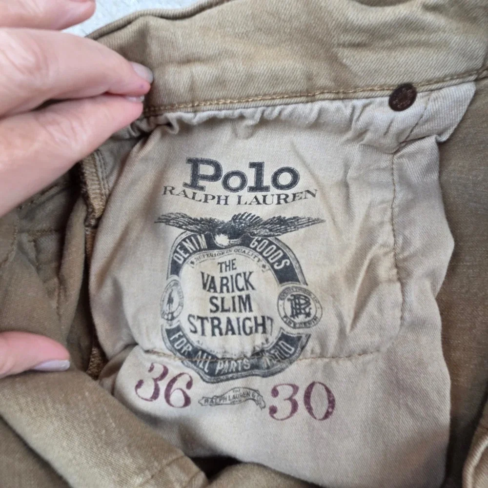 Polo Ralph Lauren Varick Slim Straight Pants Mens 34x30 Tan Khaki Denim Jeans